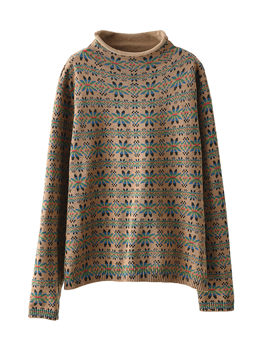 Plus Size Dames Vintage Bloemen Turtleneck Warme Trui