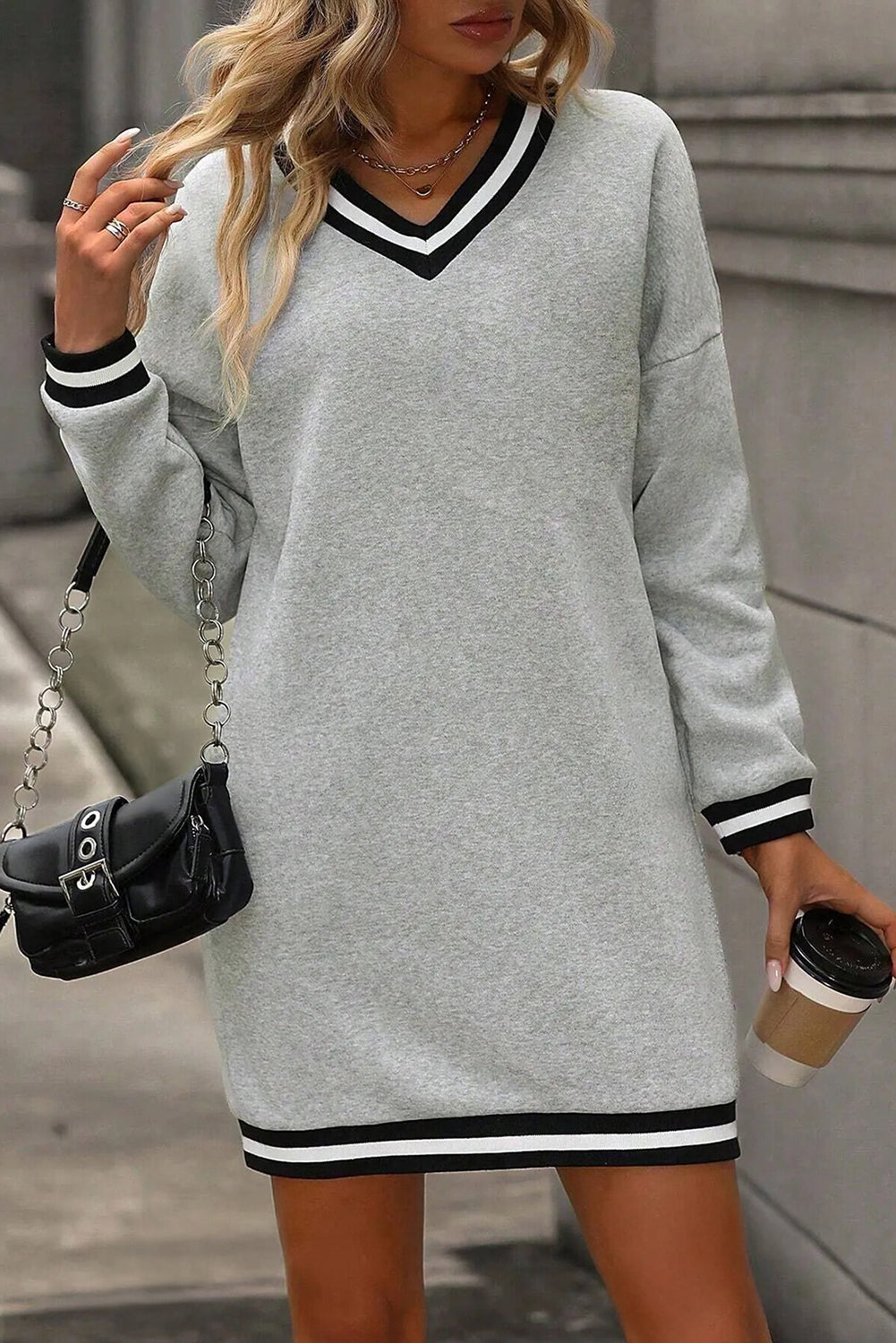Striped Trim V-Neck Long Sleeve Preppy Sweatshirt Dress