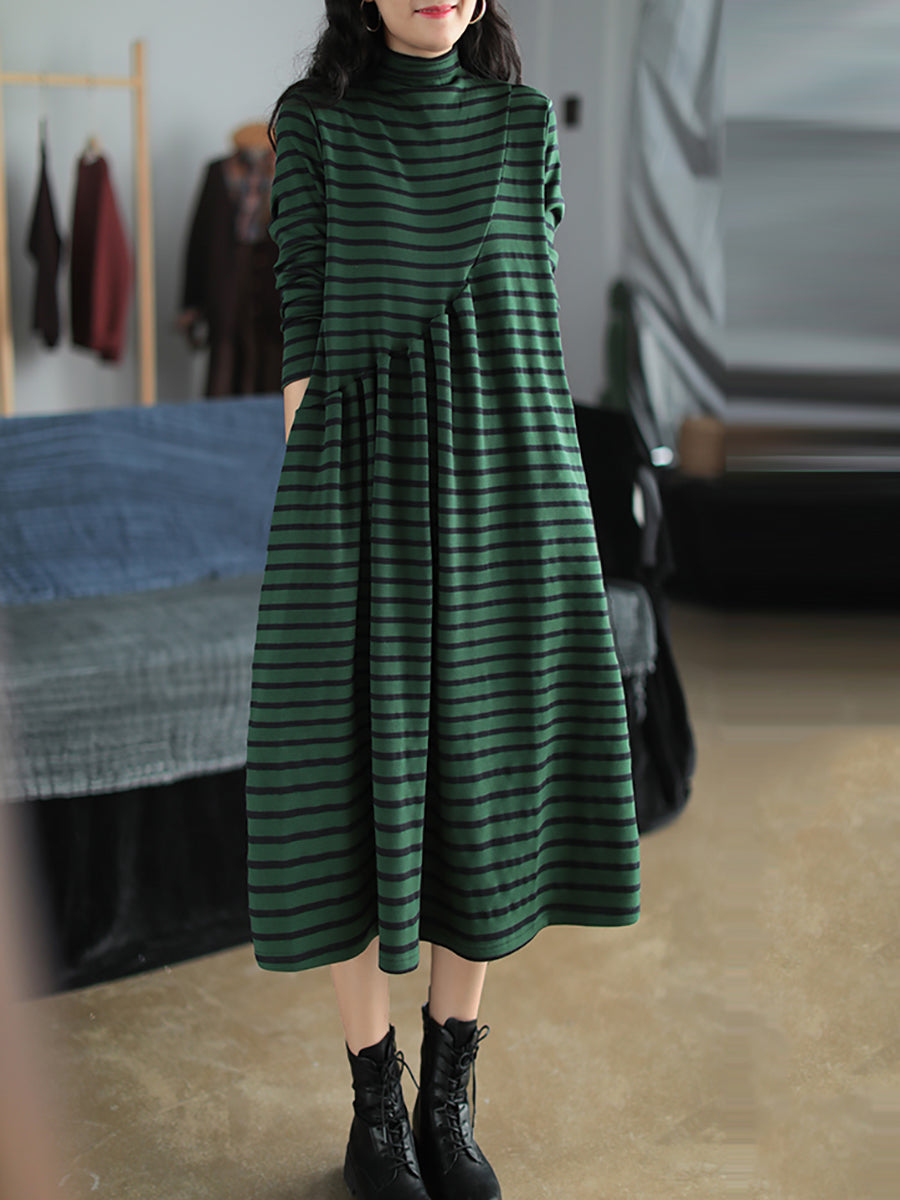 Plus Size Dames Herfststreep Coltrui Katoenen Jurk