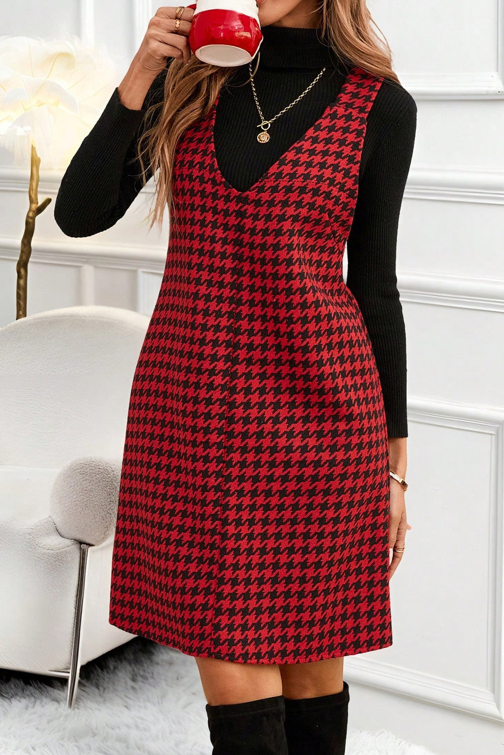 Houndstooth Print V-Neck Sleeveless Mini Dress