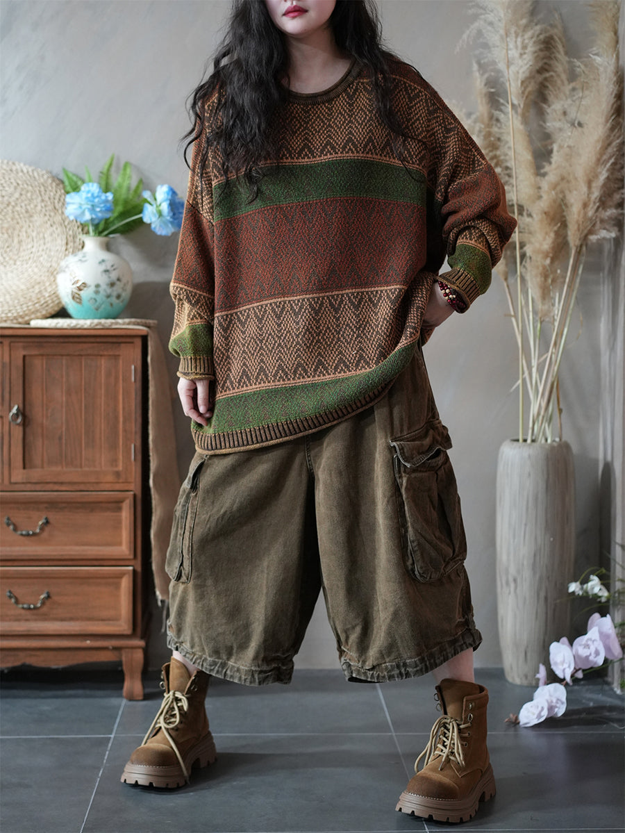 Dames herfst artistieke kleurblok gebreide O-hals trui