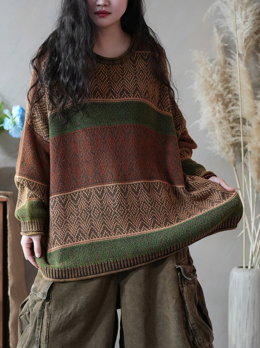 Dames herfst artistieke kleurblok gebreide O-hals trui