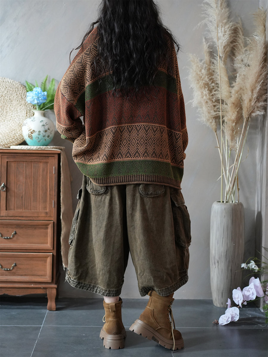 Dames herfst artistieke kleurblok gebreide O-hals trui