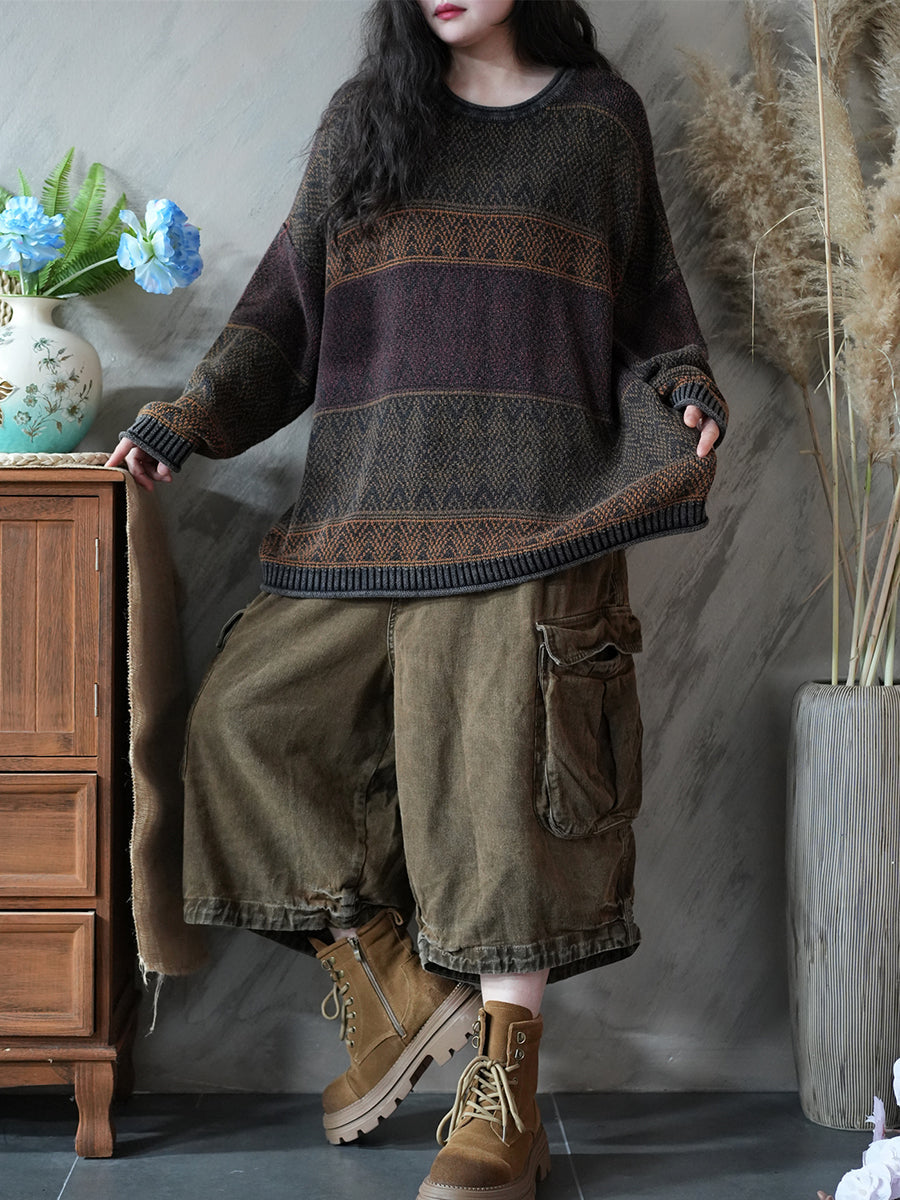 Dames herfst artistieke kleurblok gebreide O-hals trui