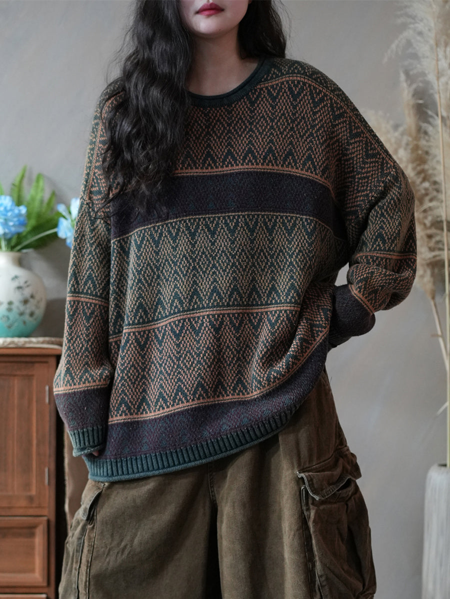 Dames herfst artistieke kleurblok gebreide O-hals trui