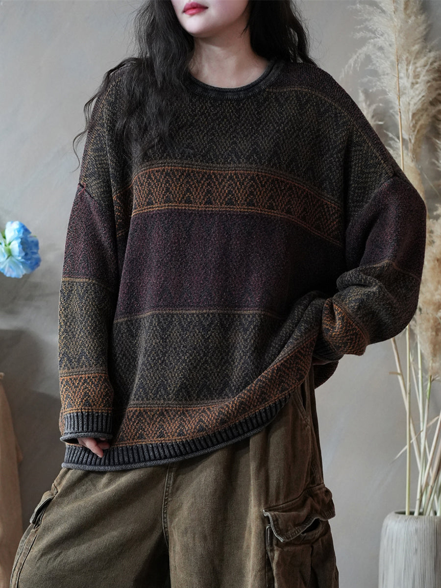 Dames herfst artistieke kleurblok gebreide O-hals trui