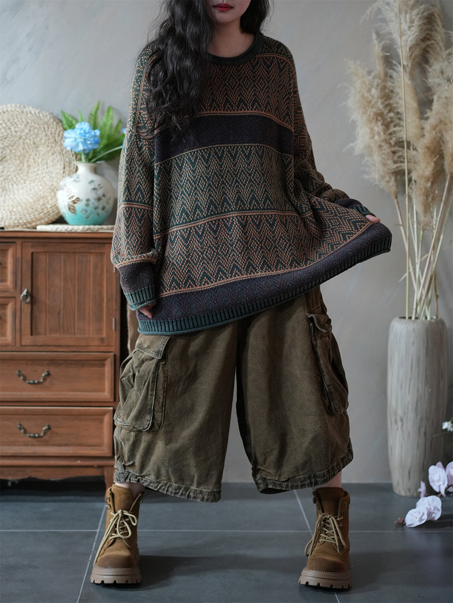 Dames herfst artistieke kleurblok gebreide O-hals trui