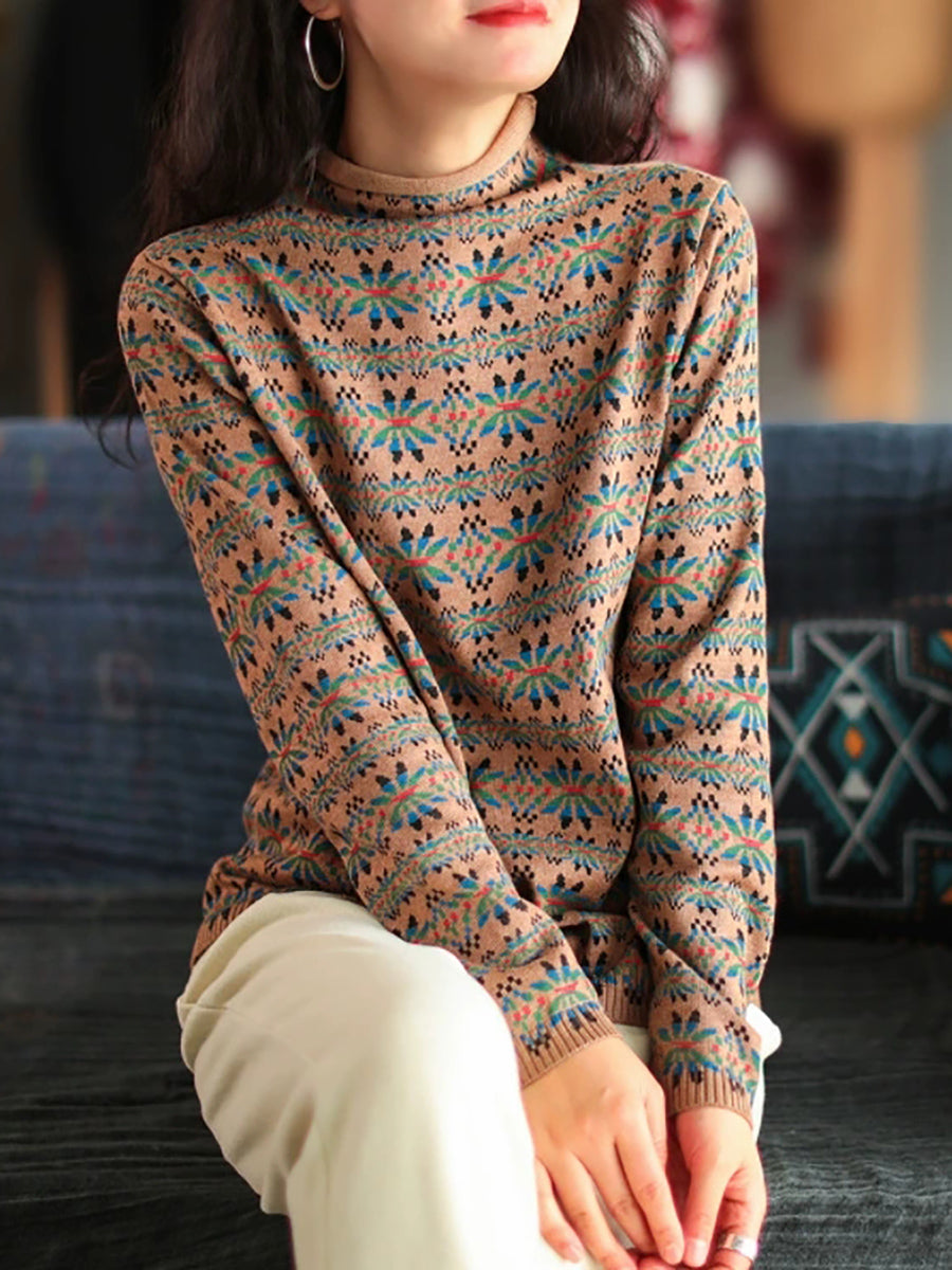 Plus Size Dames Vintage Bloemen Turtleneck Warme Trui