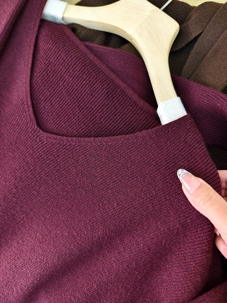 Dames herfst casual pure kleur gebreide V-hals jurk