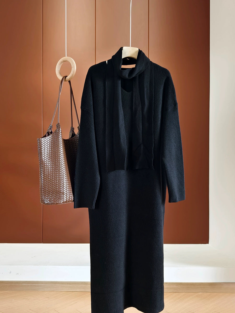 Dames herfst casual pure kleur gebreide V-hals jurk