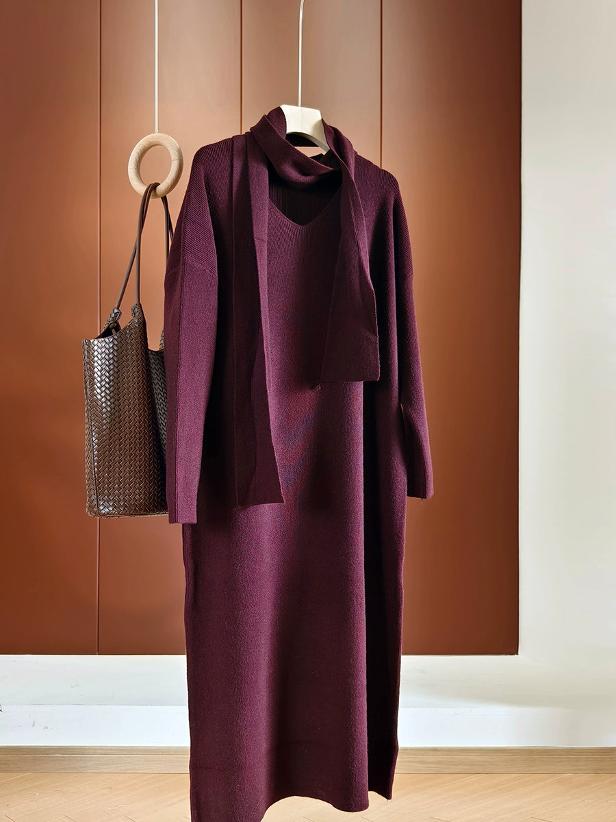 Dames herfst casual pure kleur gebreide V-hals jurk