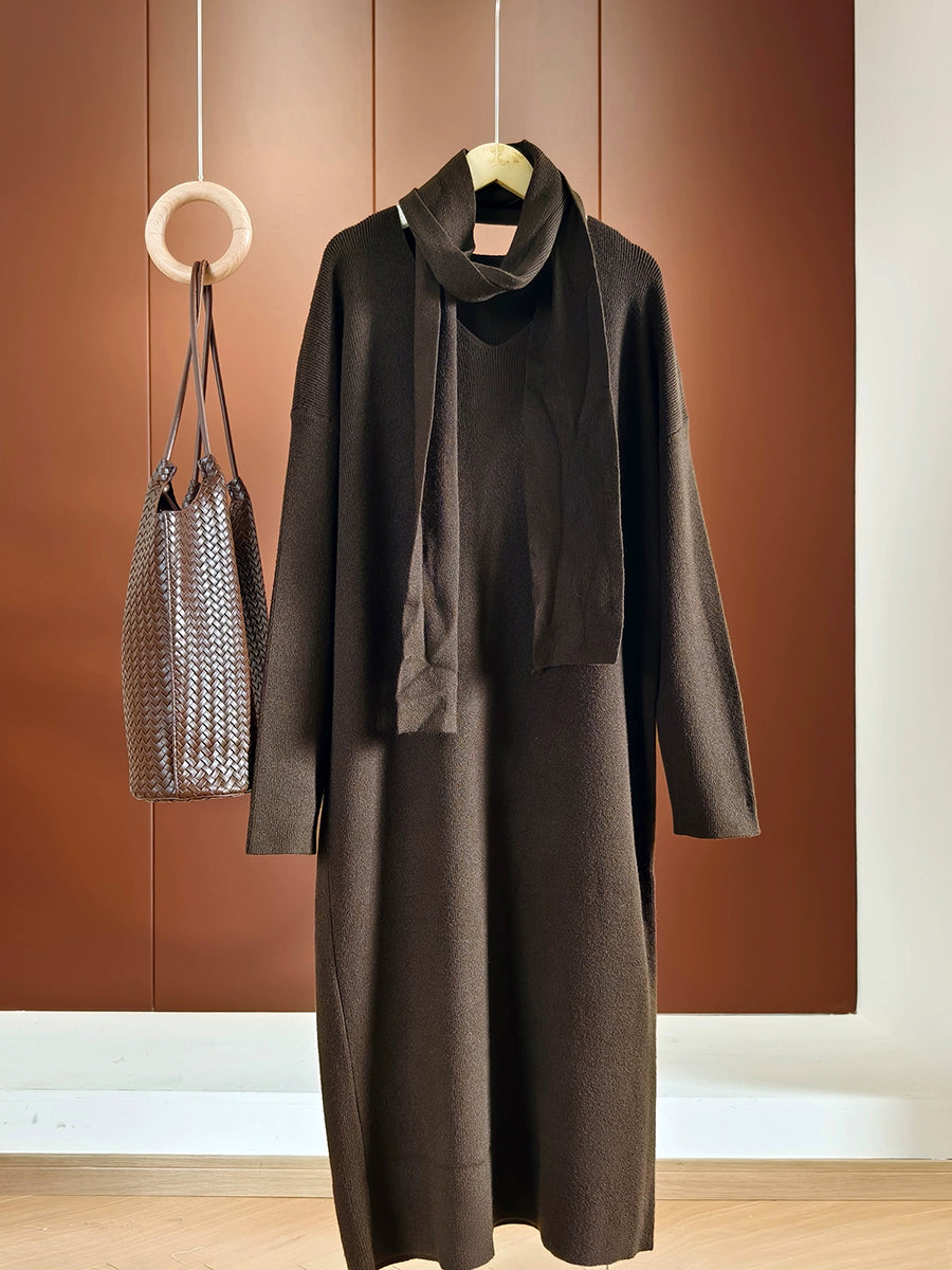 Dames herfst casual pure kleur gebreide V-hals jurk