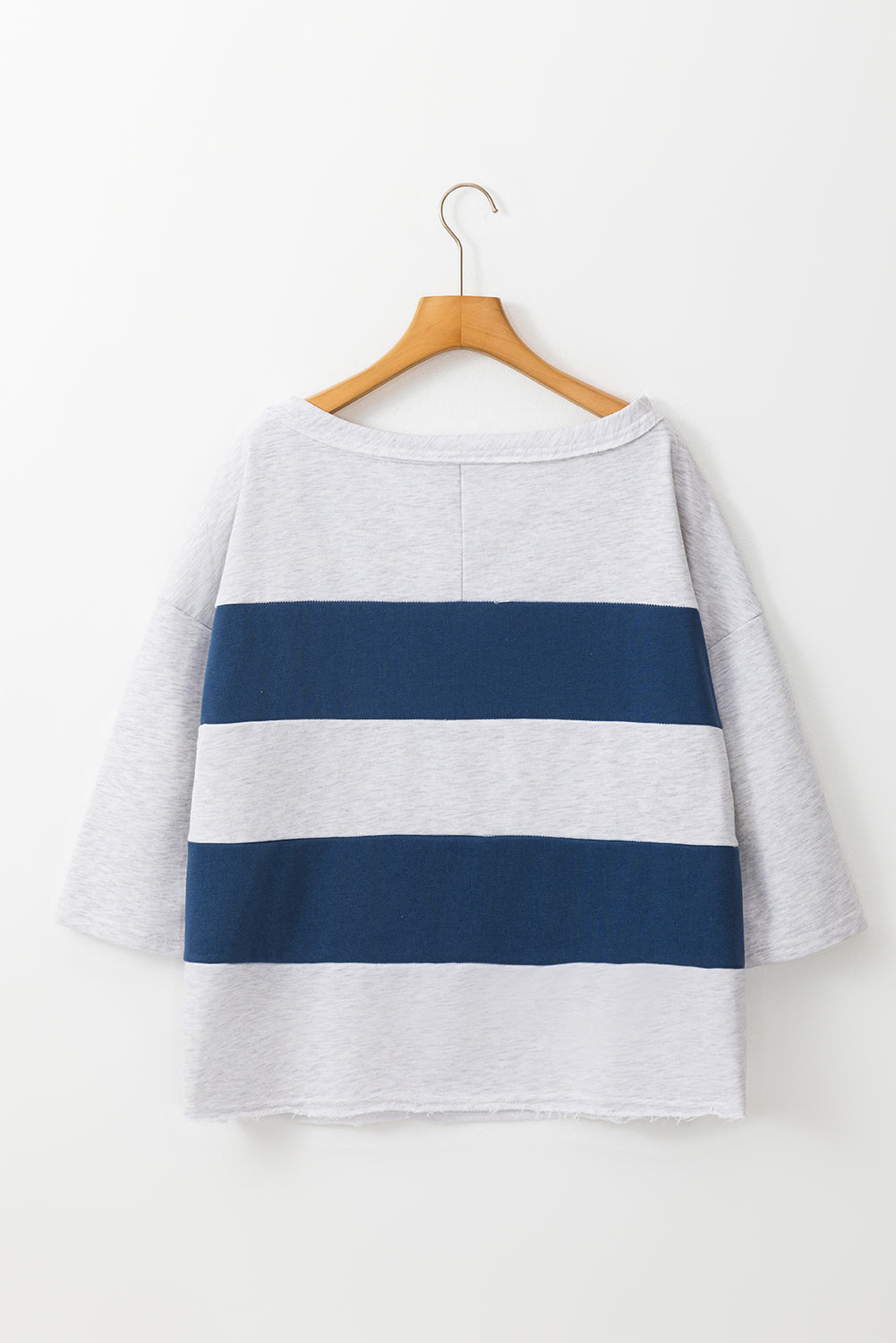 Striped Patchwork 3/4 Sleeves Raw Edge Sweatshirt