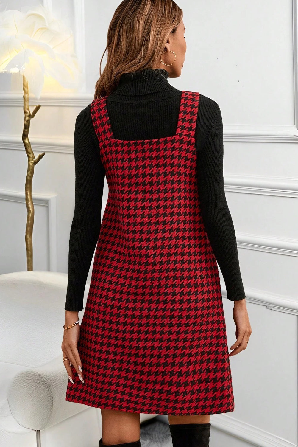 Houndstooth Print V-Neck Sleeveless Mini Dress