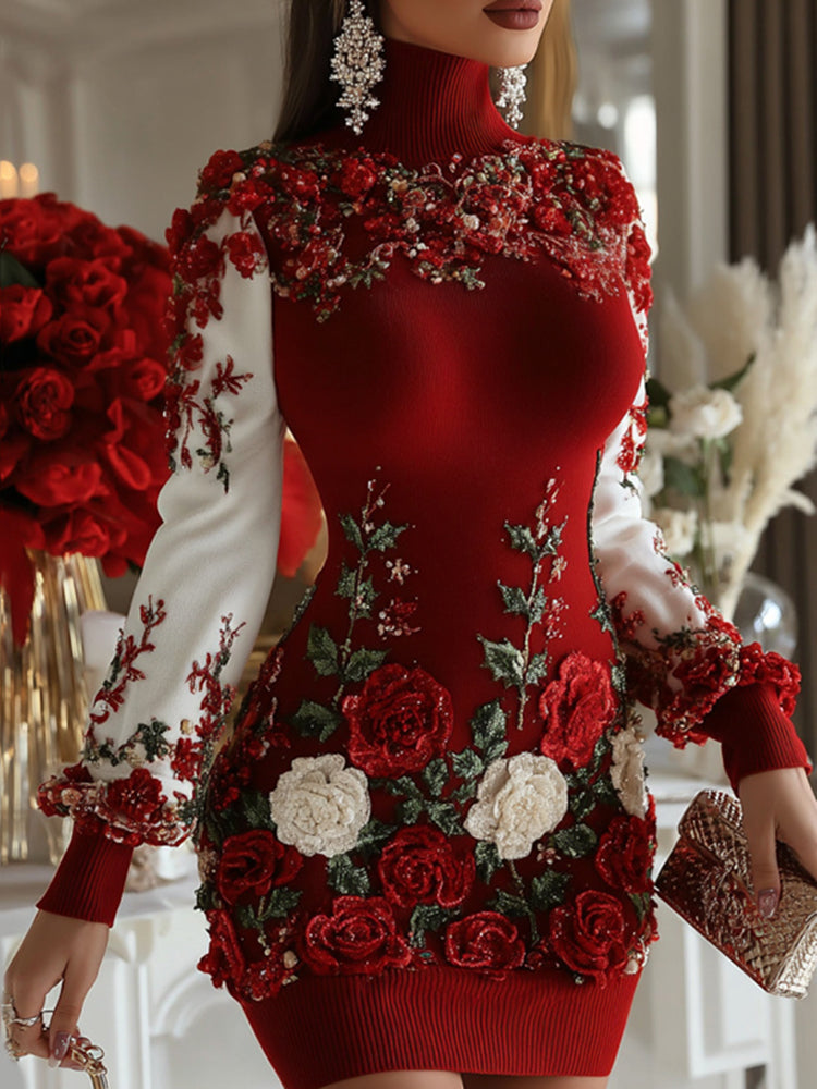 Women's Christmas Holly Leaves And Rose Art Cozy Knit Turtleneck Mini Sweater Dress