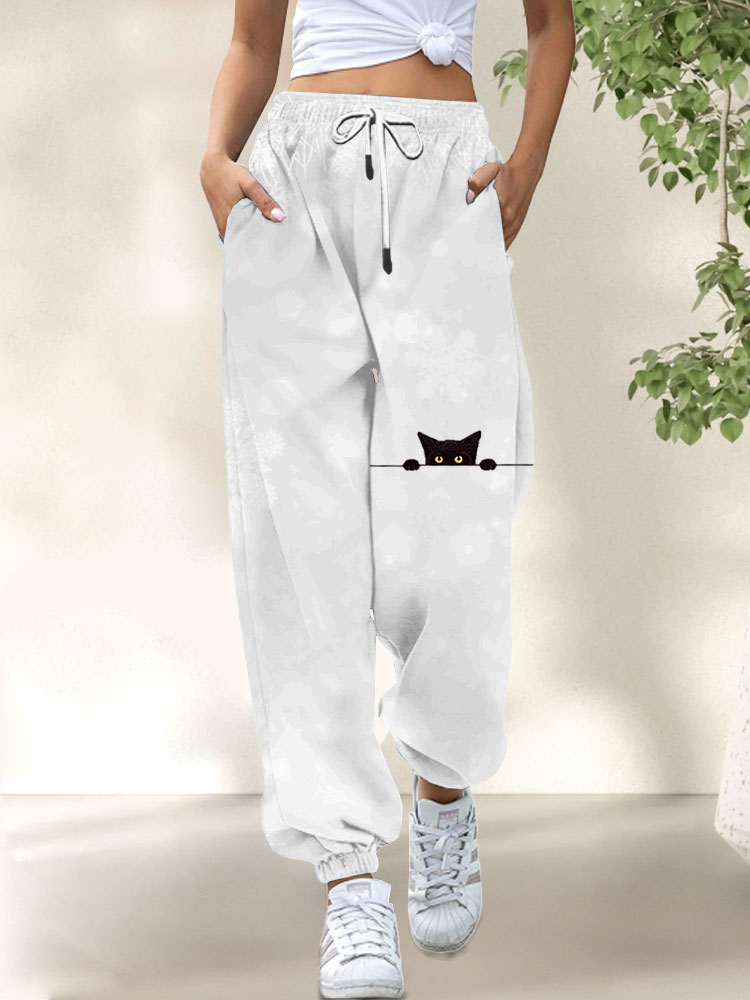 Women's Casual Funny Black Cat Print Pants