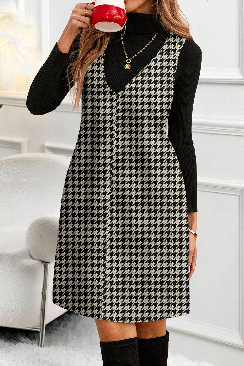 Houndstooth Print V-Neck Sleeveless Mini Dress