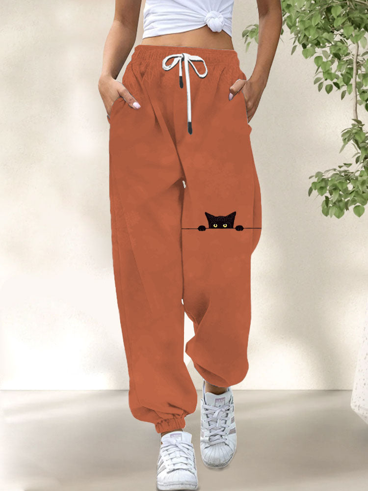 Women's Casual Funny Black Cat Print Pants