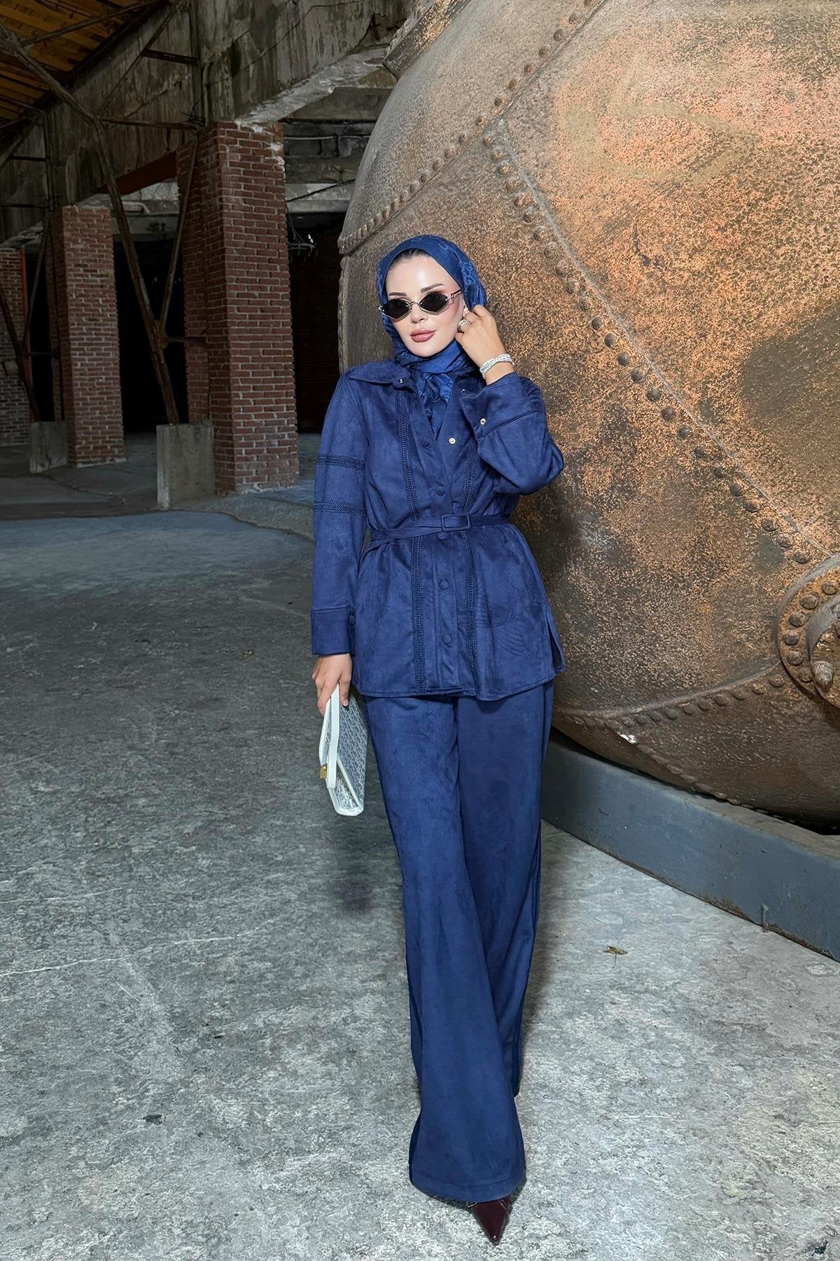 Navy Blue Suede Pants Set with Lace Details and Belt