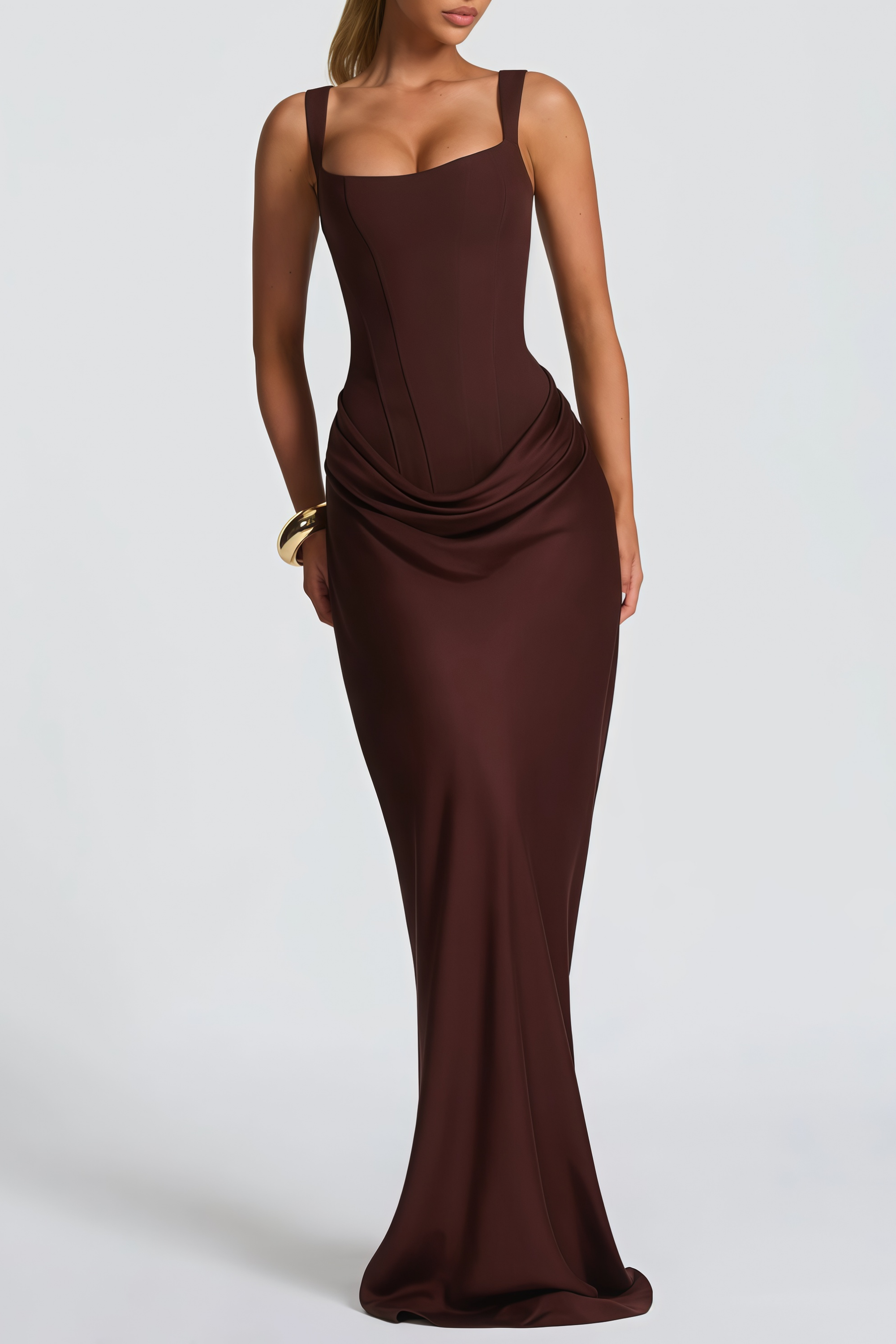Paulette Brown Ruched Corset Maxi Dress