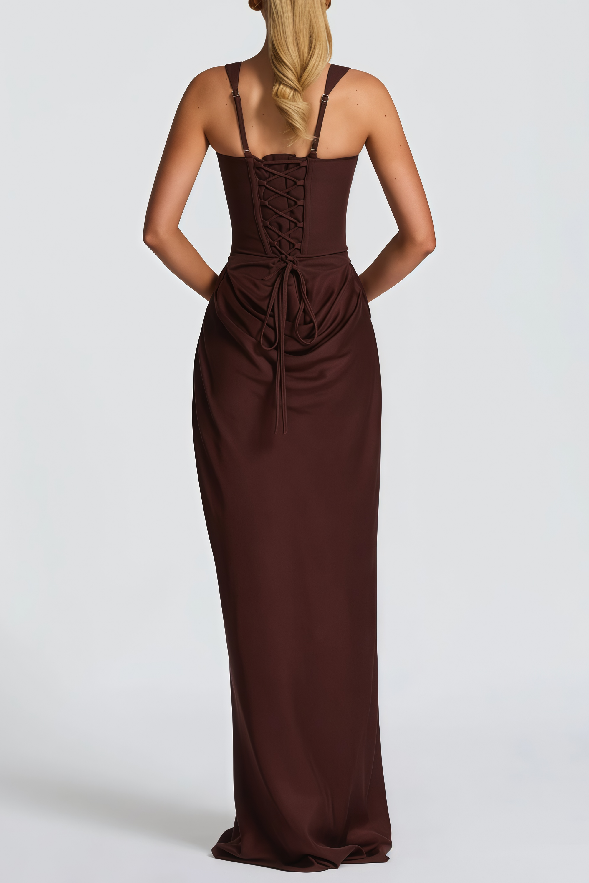 Paulette Brown Ruched Corset Maxi Dress