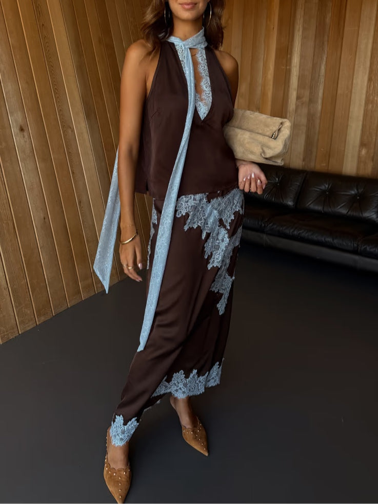 Elegant Brown and Blue Lace Panel Skirt