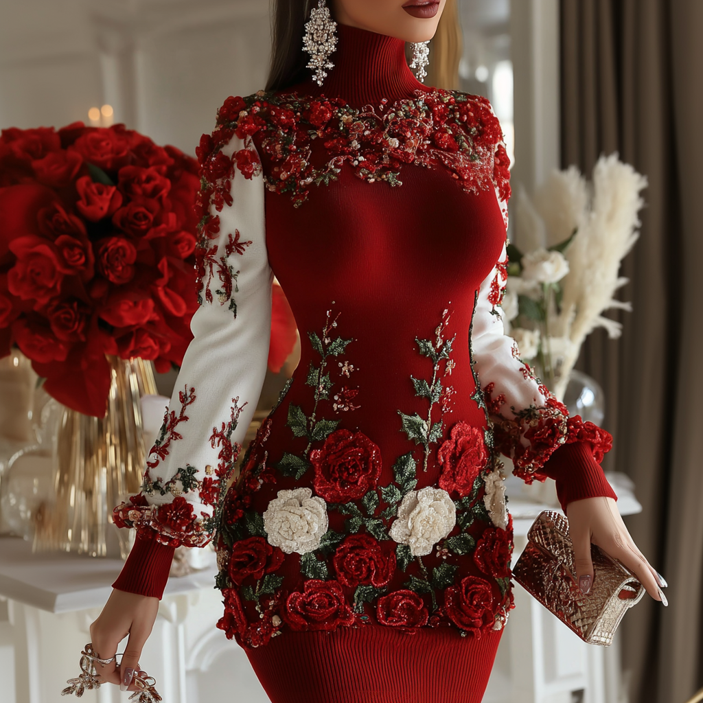 Women's Christmas Holly Leaves And Rose Art Cozy Knit Turtleneck Mini Sweater Dress