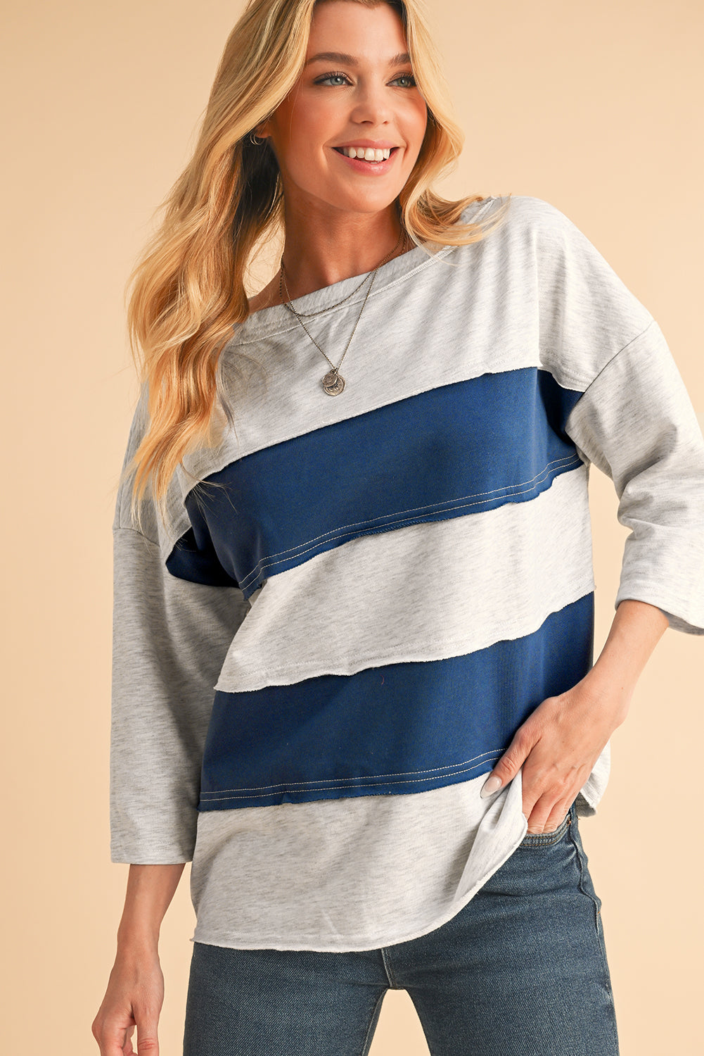 Striped Patchwork 3/4 Sleeves Raw Edge Sweatshirt