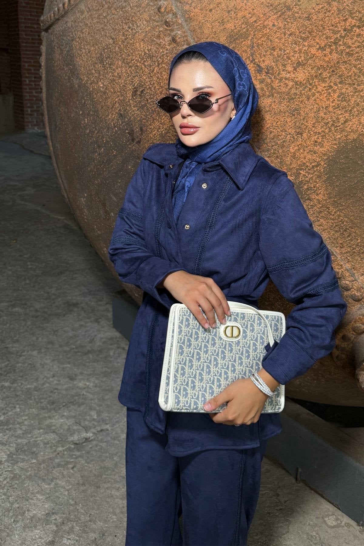 Navy Blue Suede Pants Set with Lace Details and Belt