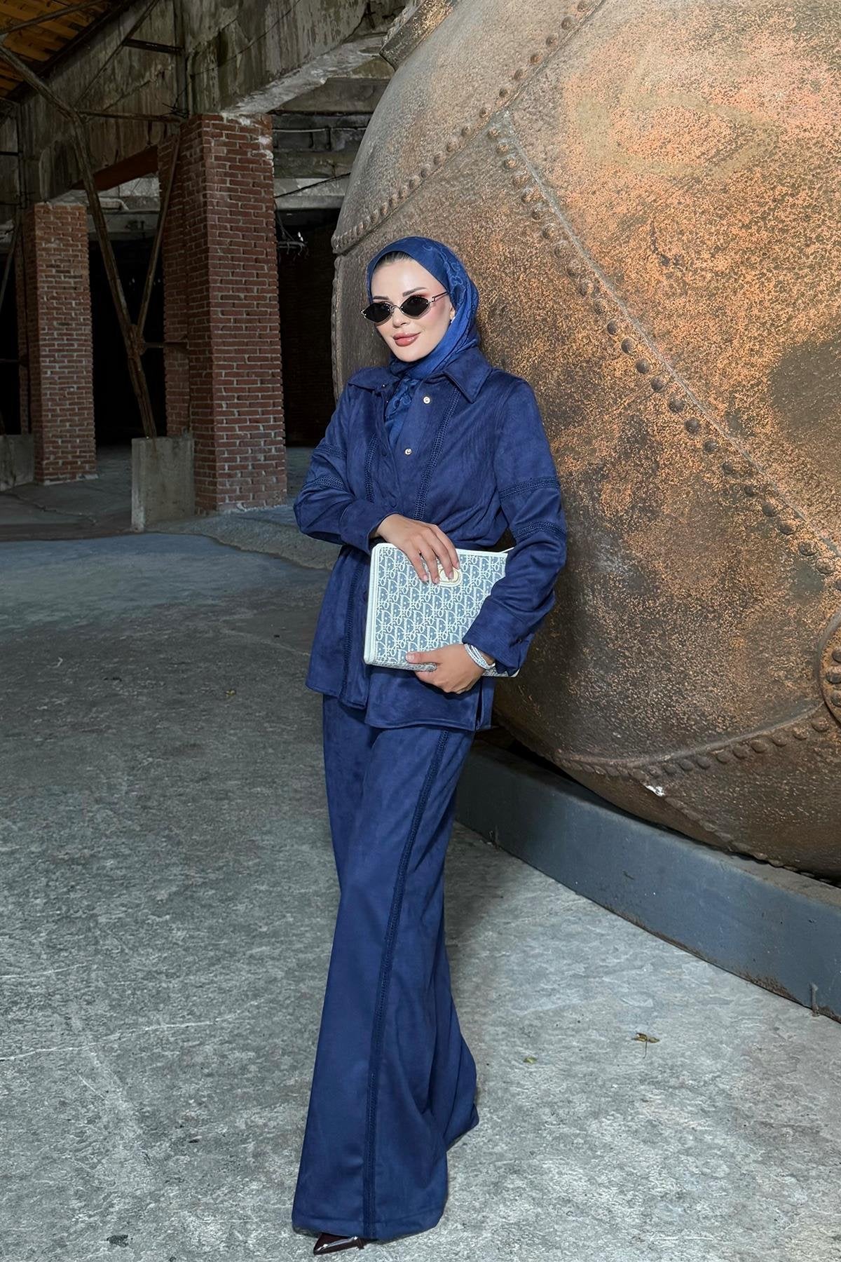 Navy Blue Suede Pants Set with Lace Details and Belt