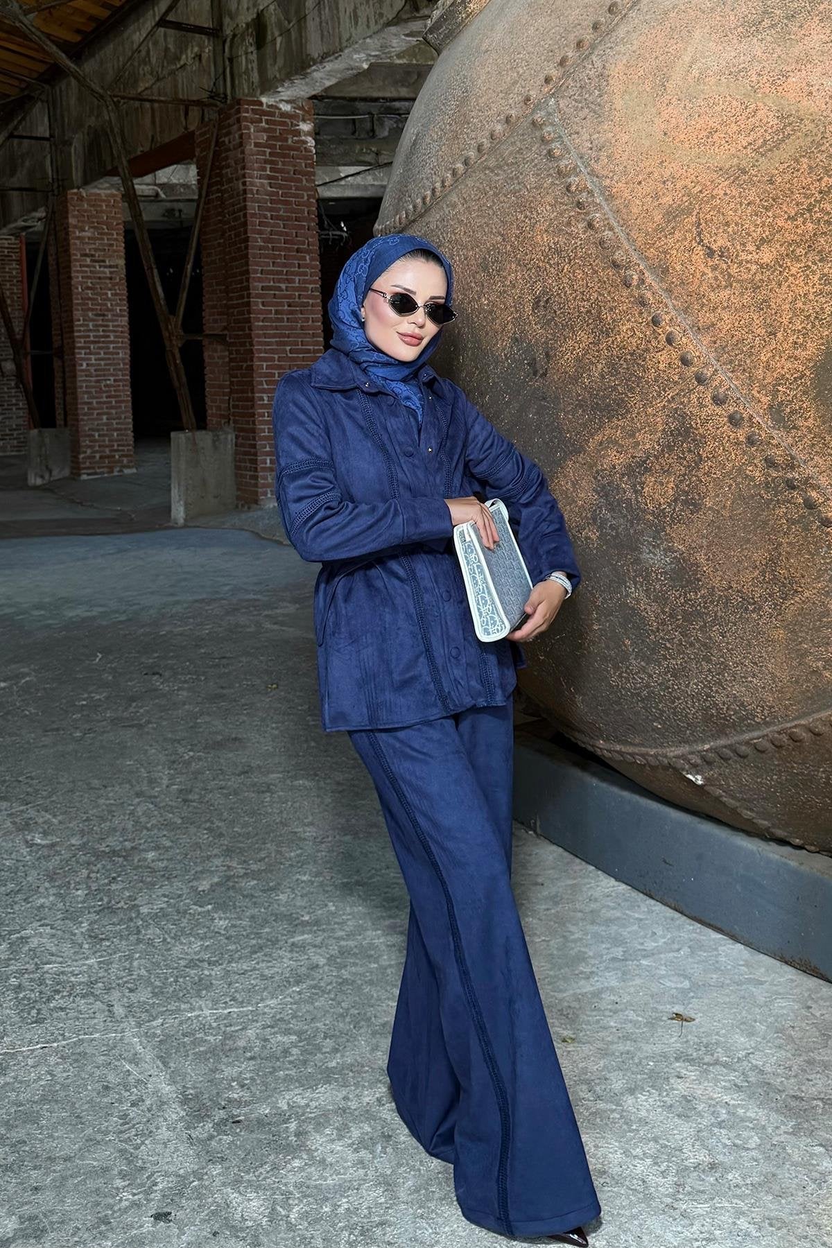 Navy Blue Suede Pants Set with Lace Details and Belt