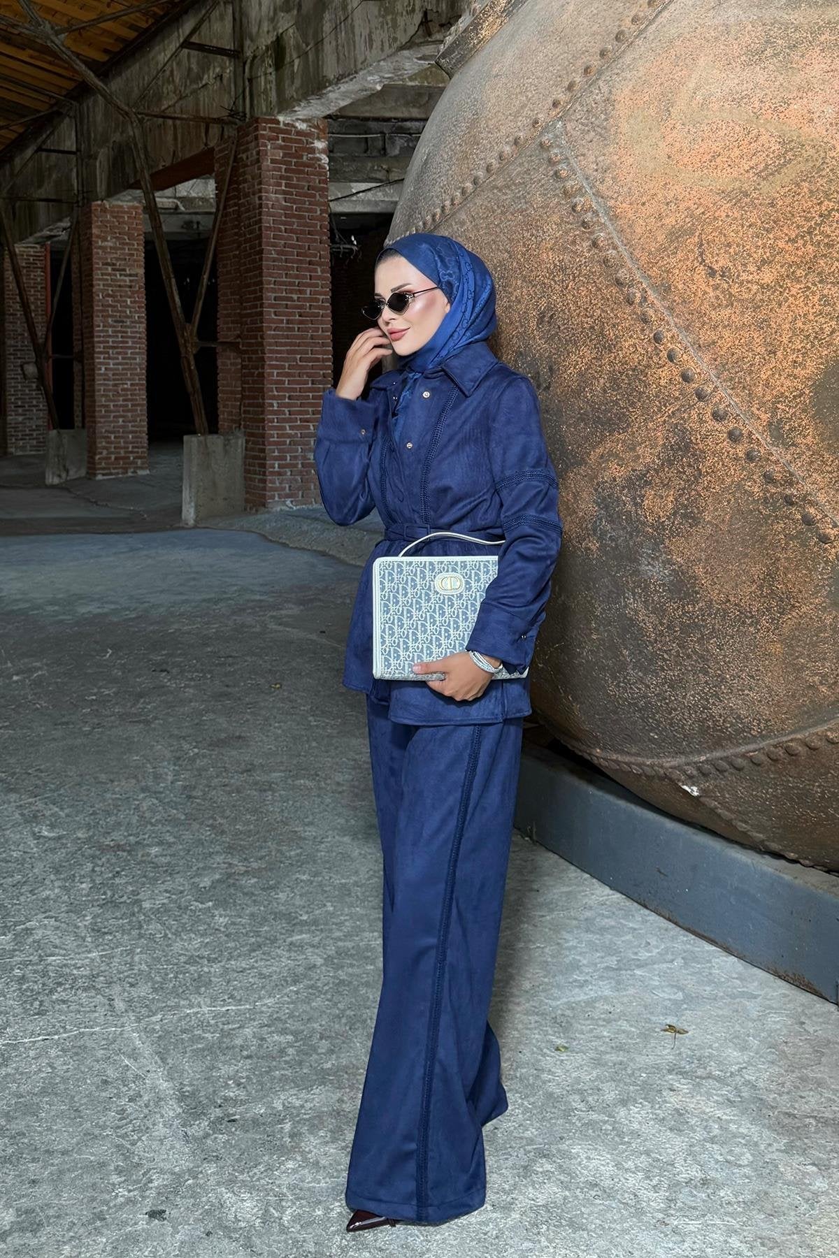 Navy Blue Suede Pants Set with Lace Details and Belt