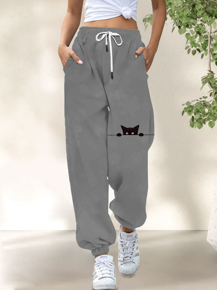 Women's Casual Funny Black Cat Print Pants