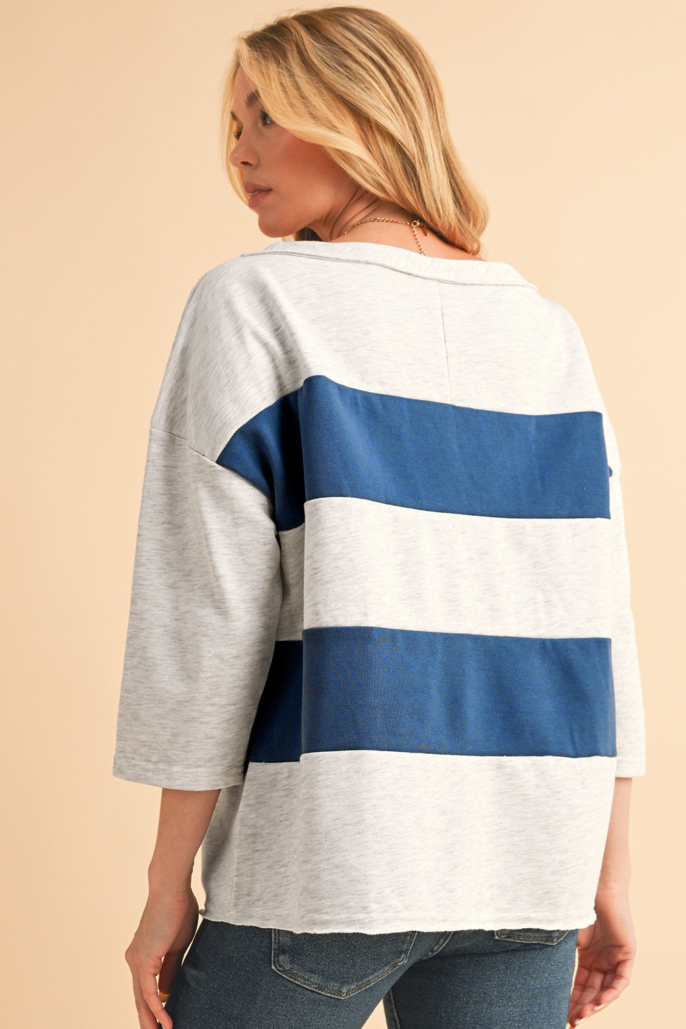 Striped Patchwork 3/4 Sleeves Raw Edge Sweatshirt