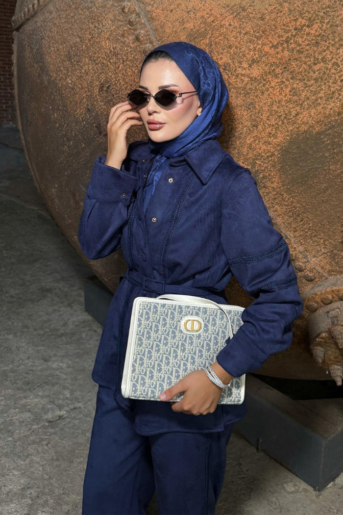 Navy Blue Suede Pants Set with Lace Details and Belt