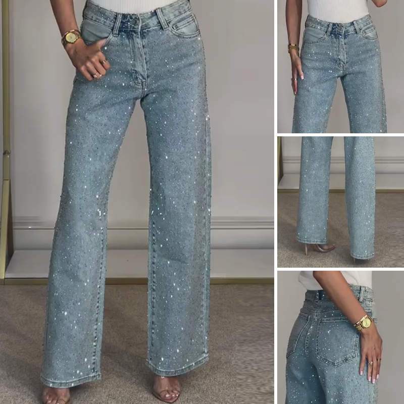 Straight leg jeans with rhinestones