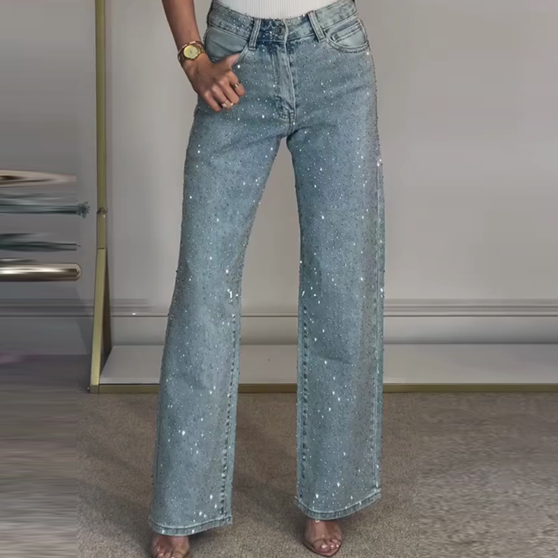 Straight leg jeans with rhinestones