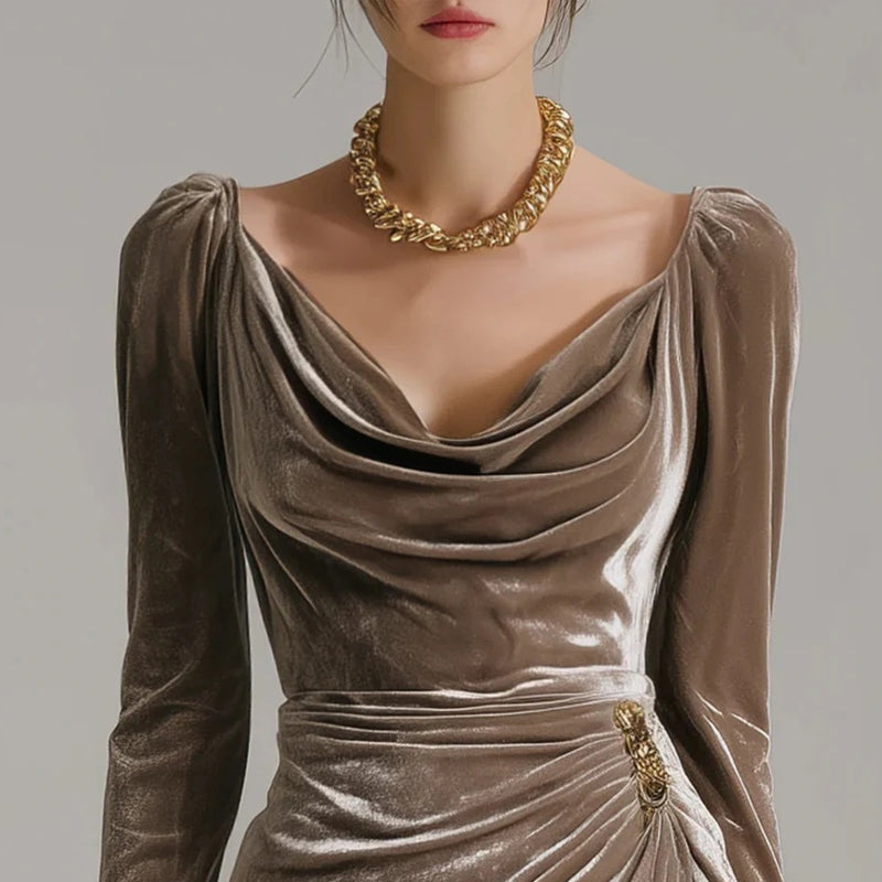 Long Sleeve Cowl Neck Ruched Slit Dress