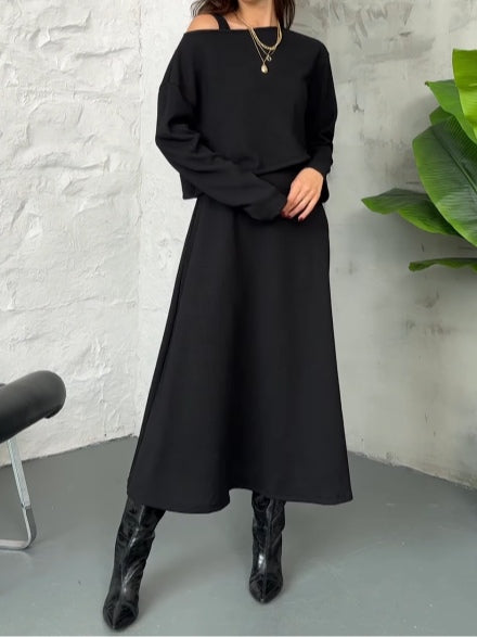 Loose pullover top and dress two-piece set