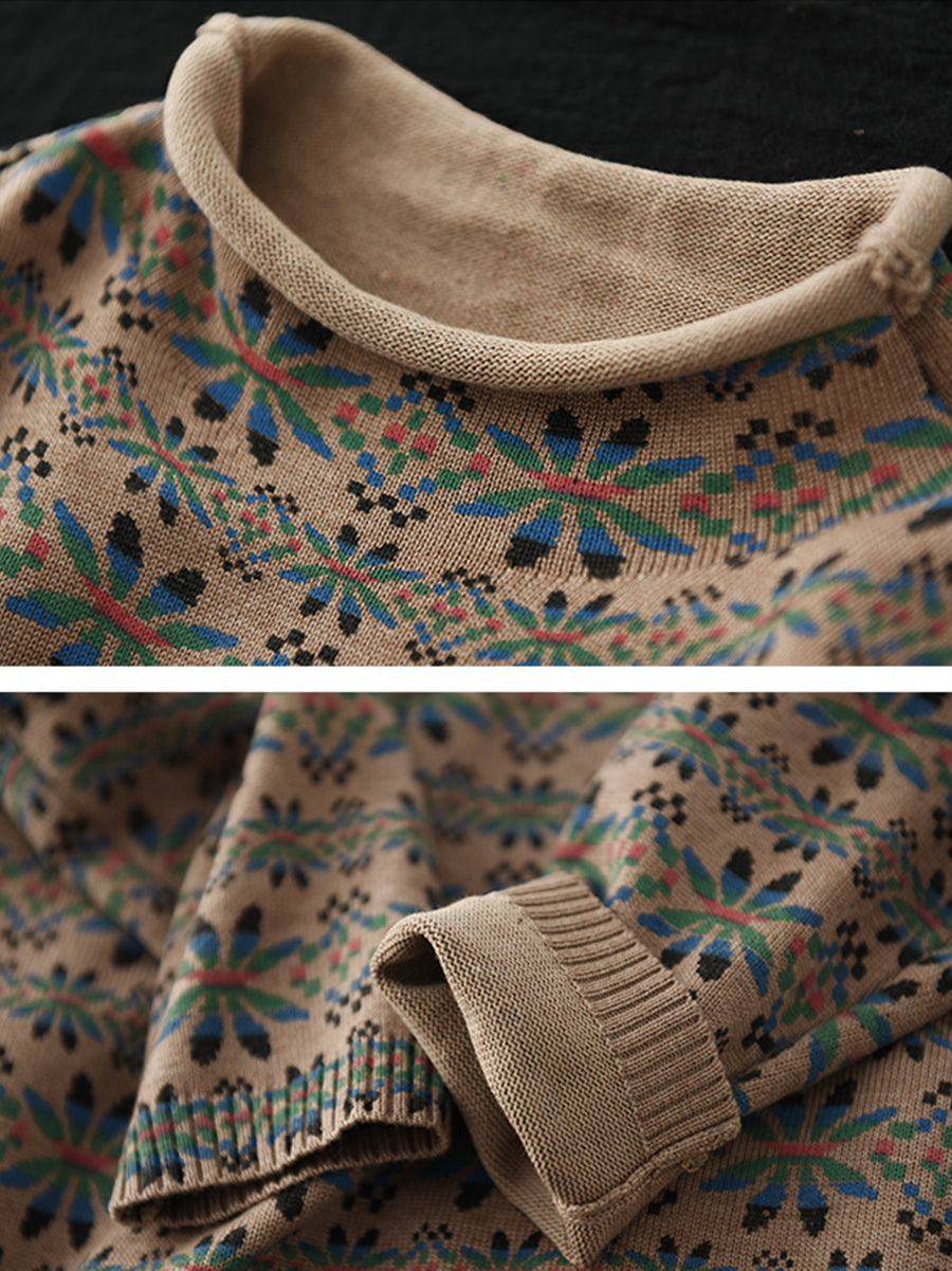 Plus Size Dames Vintage Bloemen Turtleneck Warme Trui