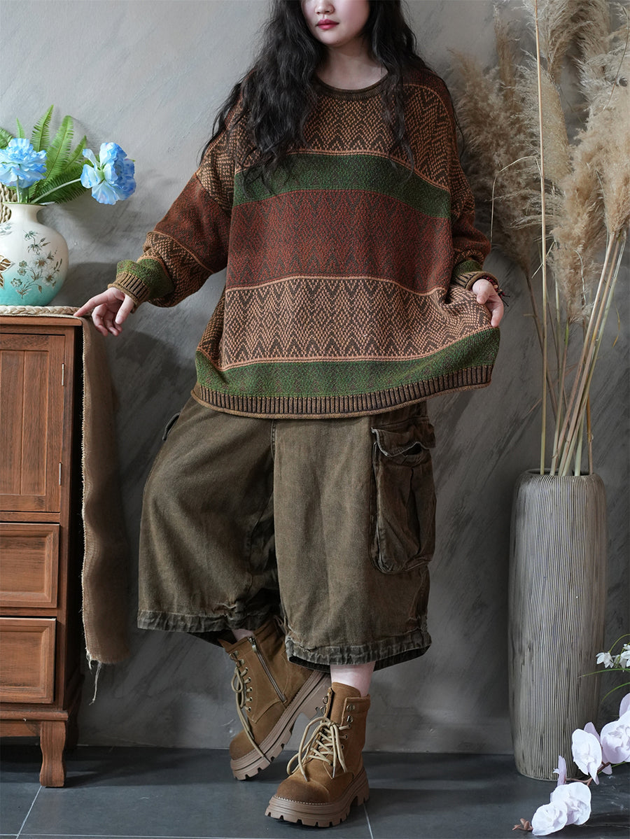 Dames herfst artistieke kleurblok gebreide O-hals trui