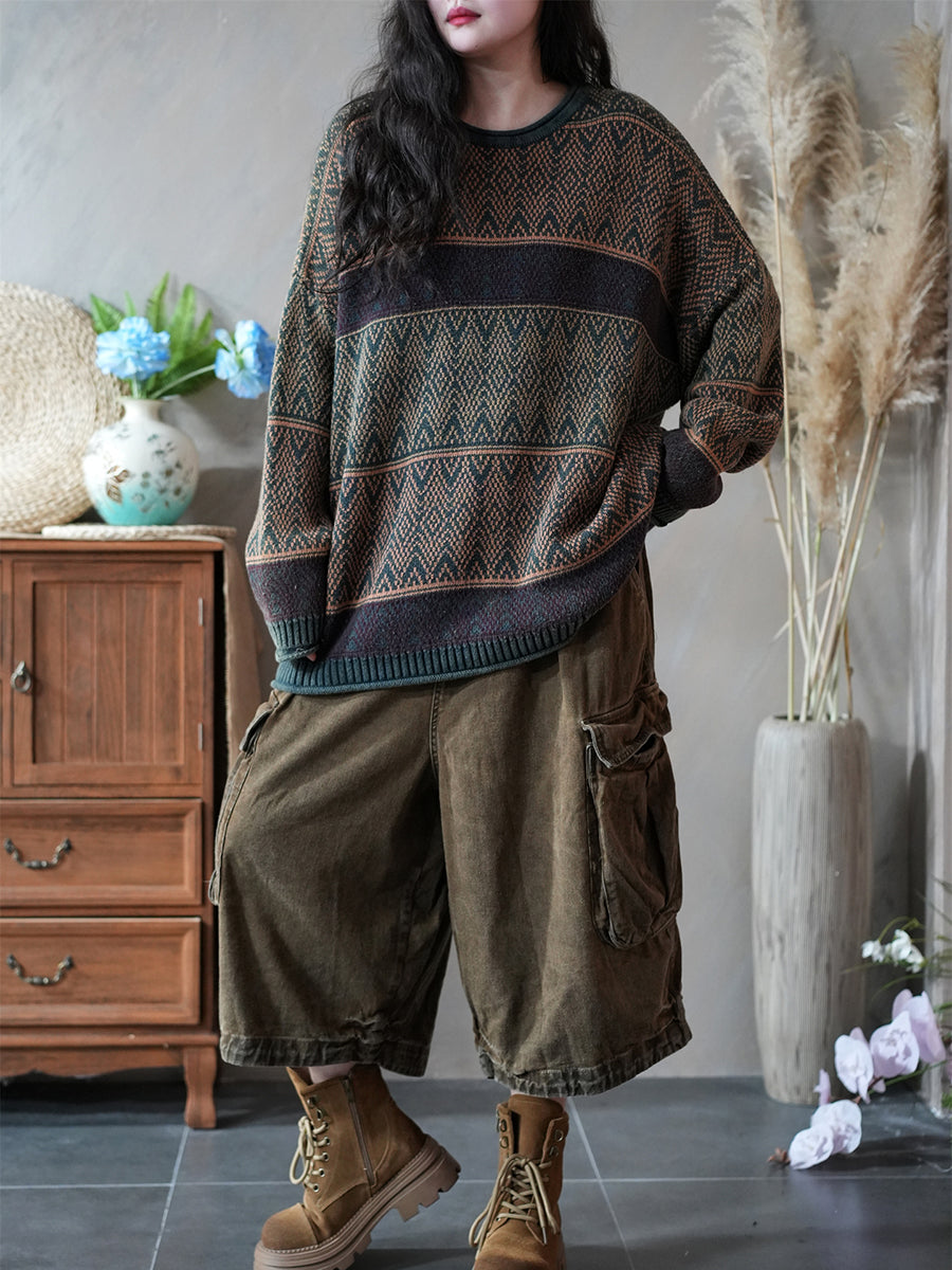 Dames herfst artistieke kleurblok gebreide O-hals trui