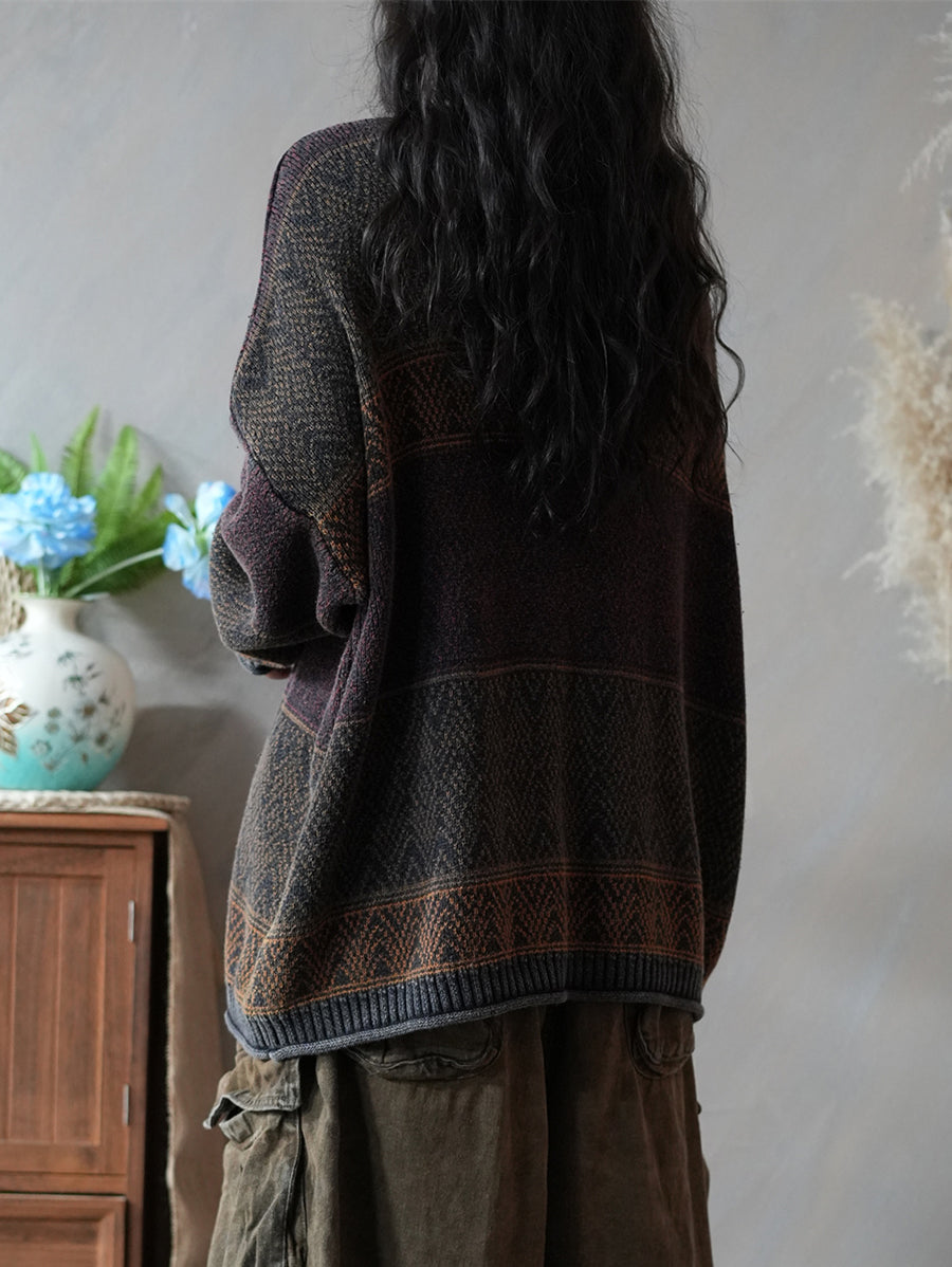 Dames herfst artistieke kleurblok gebreide O-hals trui