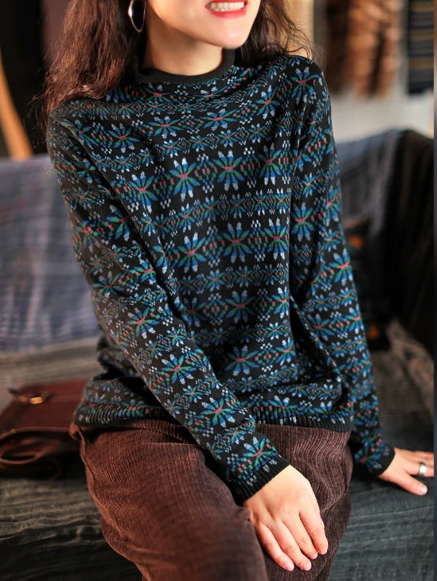 Plus Size Dames Vintage Bloemen Turtleneck Warme Trui