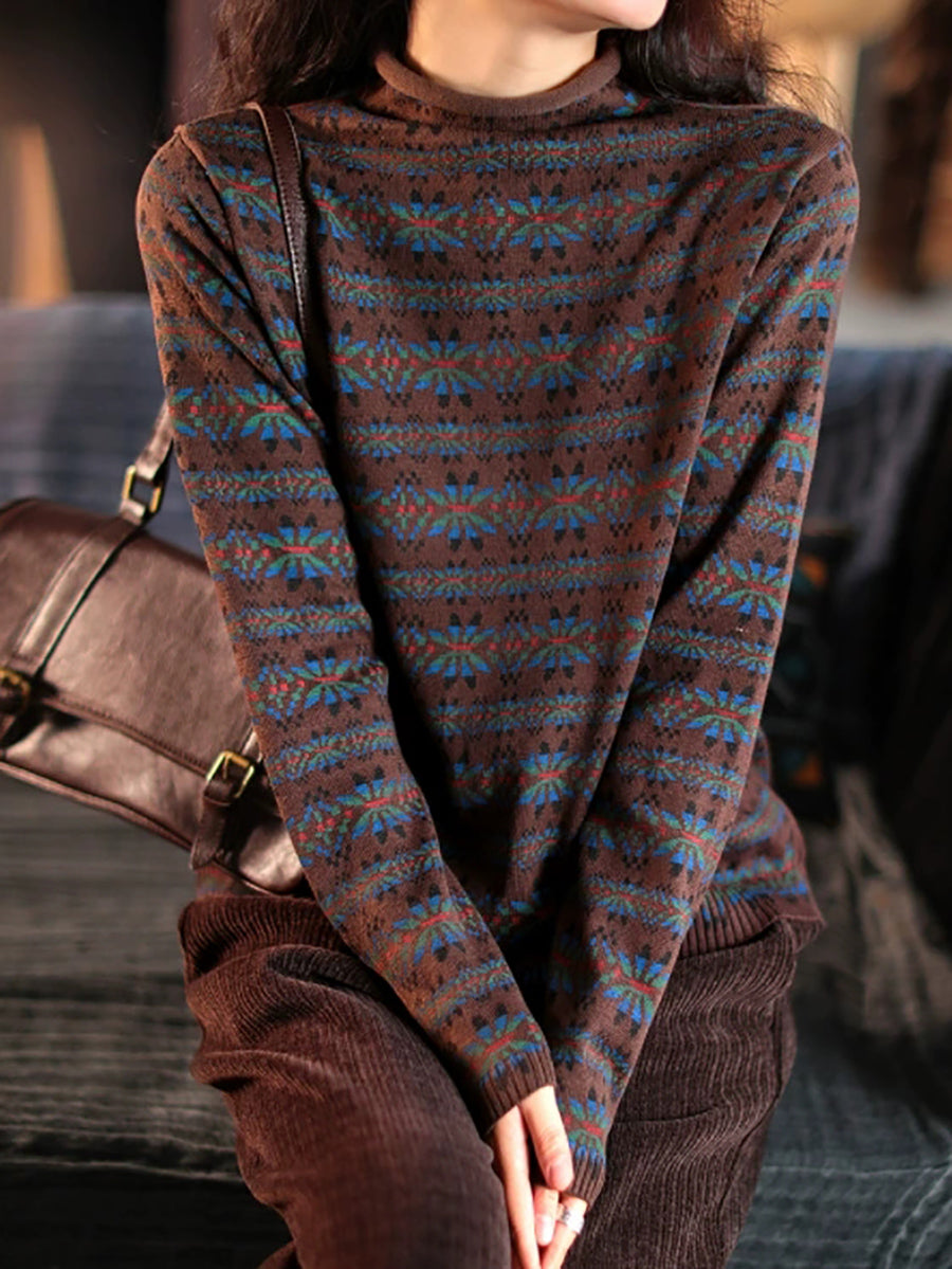 Plus Size Dames Vintage Bloemen Turtleneck Warme Trui
