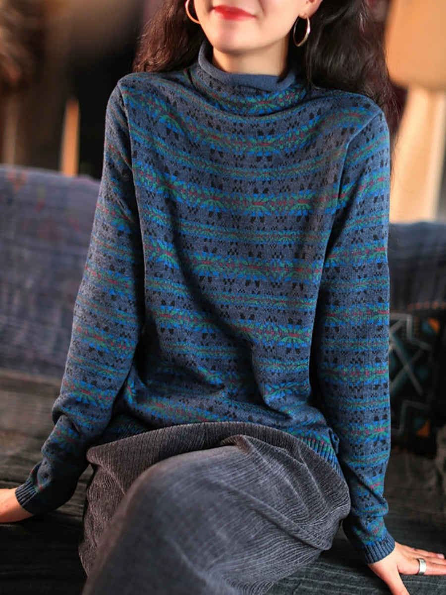 Plus Size Dames Vintage Bloemen Turtleneck Warme Trui