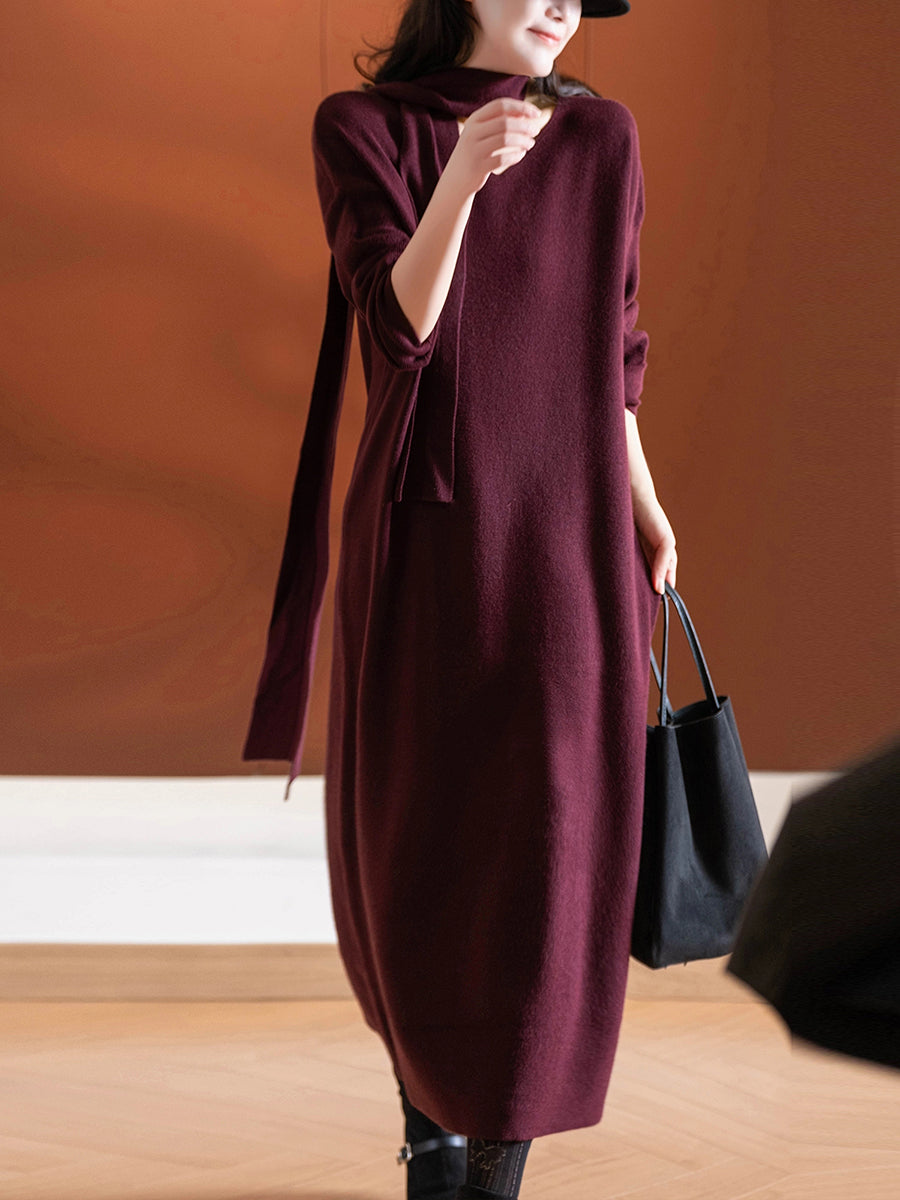Dames herfst casual pure kleur gebreide V-hals jurk