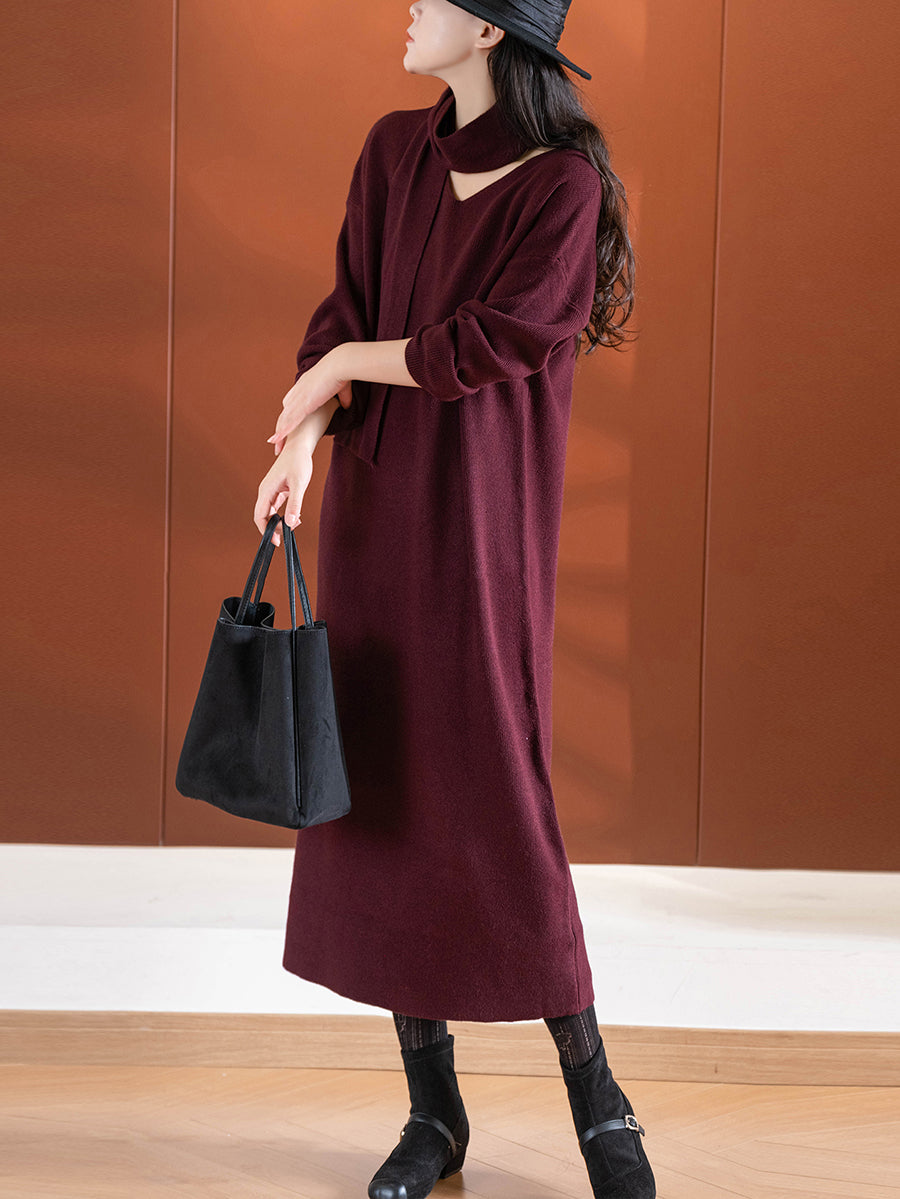 Dames herfst casual pure kleur gebreide V-hals jurk