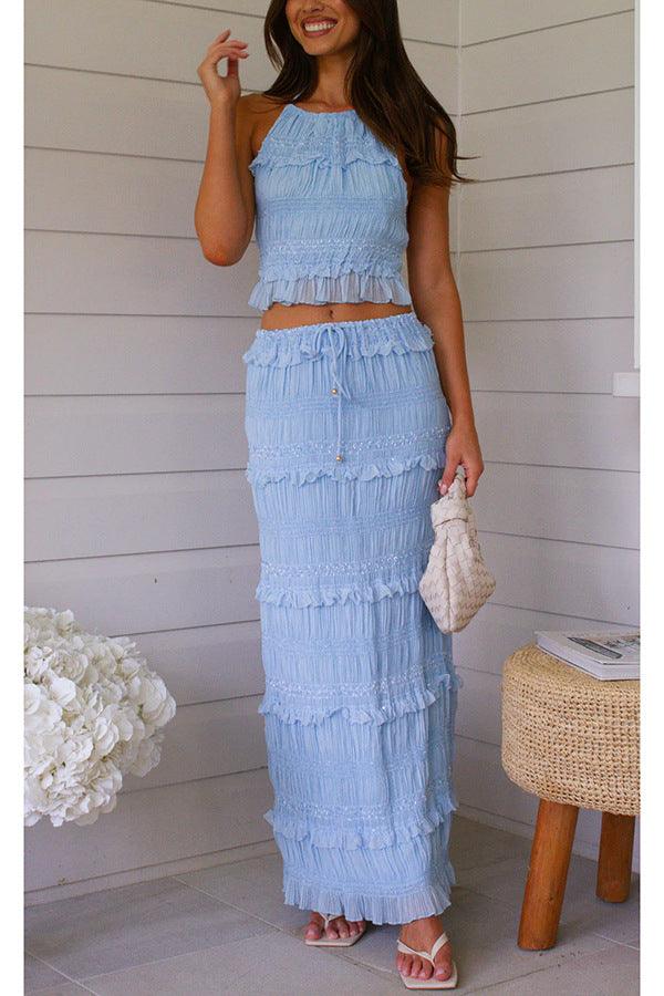 Sleeveless chiffon elastic waist two piece suit