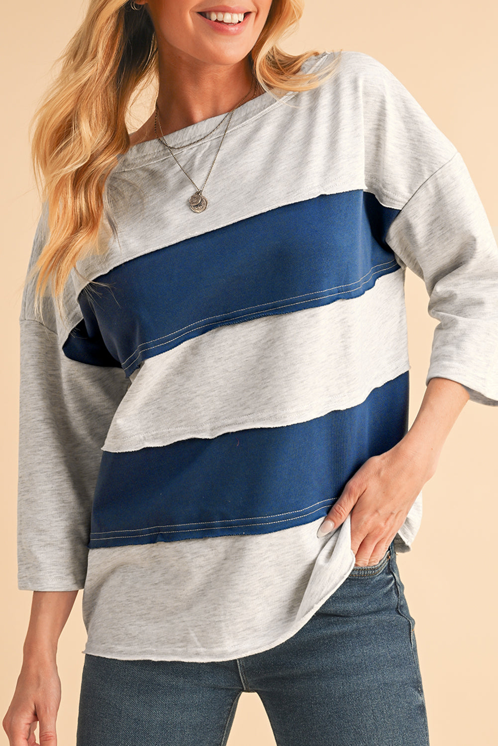 Striped Patchwork 3/4 Sleeves Raw Edge Sweatshirt